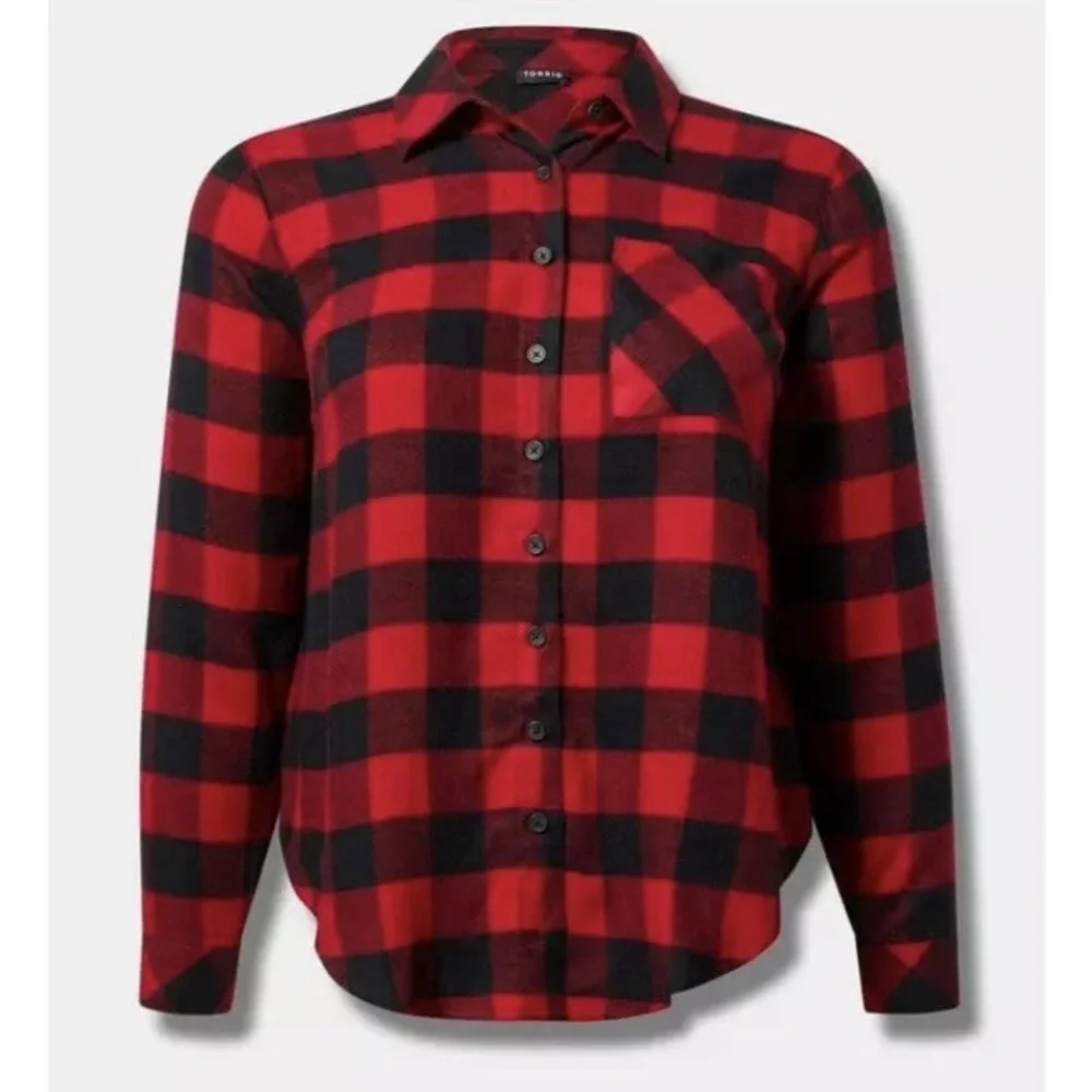 Torrid Lizzie Black Red Buffalo Plaid Twill Button Up Long Sleeve‎ Shirt Size 3X